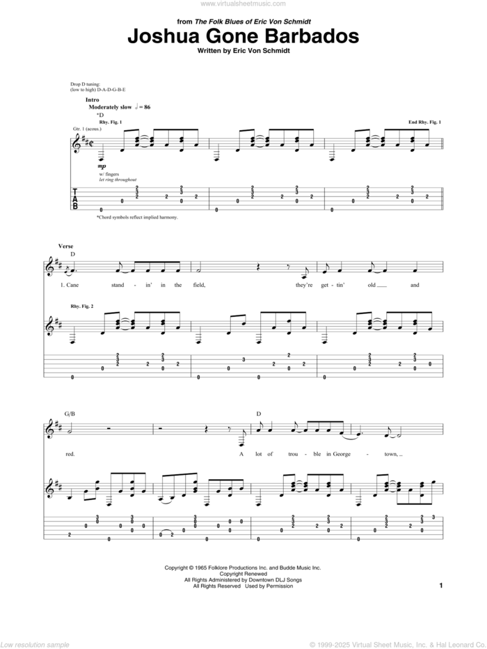 Joshua Gone Barbados sheet music for guitar (tablature) by Eric von Schmidt, intermediate skill level