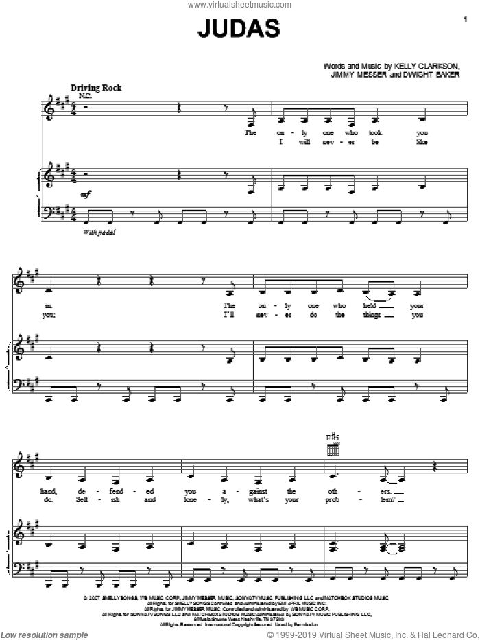 Judas sheet music for voice, piano or guitar by Kelly Clarkson, Dwight Baker and Jimmy Messer, intermediate skill level