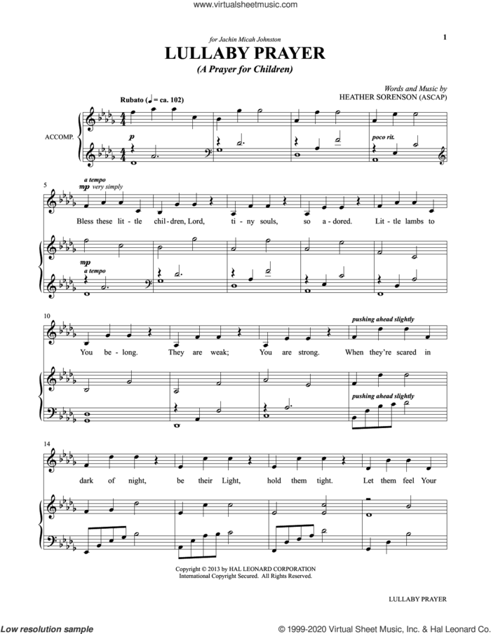Lullaby Prayer (A Prayer For Children) (from My Alleluia: Vocal Solos for Worship) sheet music for voice and piano by Heather Sorenson, intermediate skill level