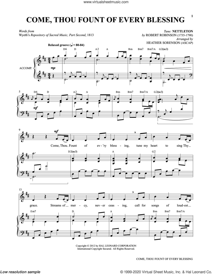 Come, Thou Fount Of Every Blessing (from My Alleluia: Vocal Solos for Worship) sheet music for voice and piano by Robert Robinson, Heather Sorenson and John Wyeth, intermediate skill level