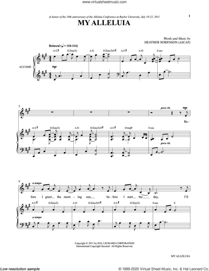 My Alleluia (from My Alleluia: Vocal Solos for Worship) sheet music for voice and piano by Heather Sorenson, intermediate skill level