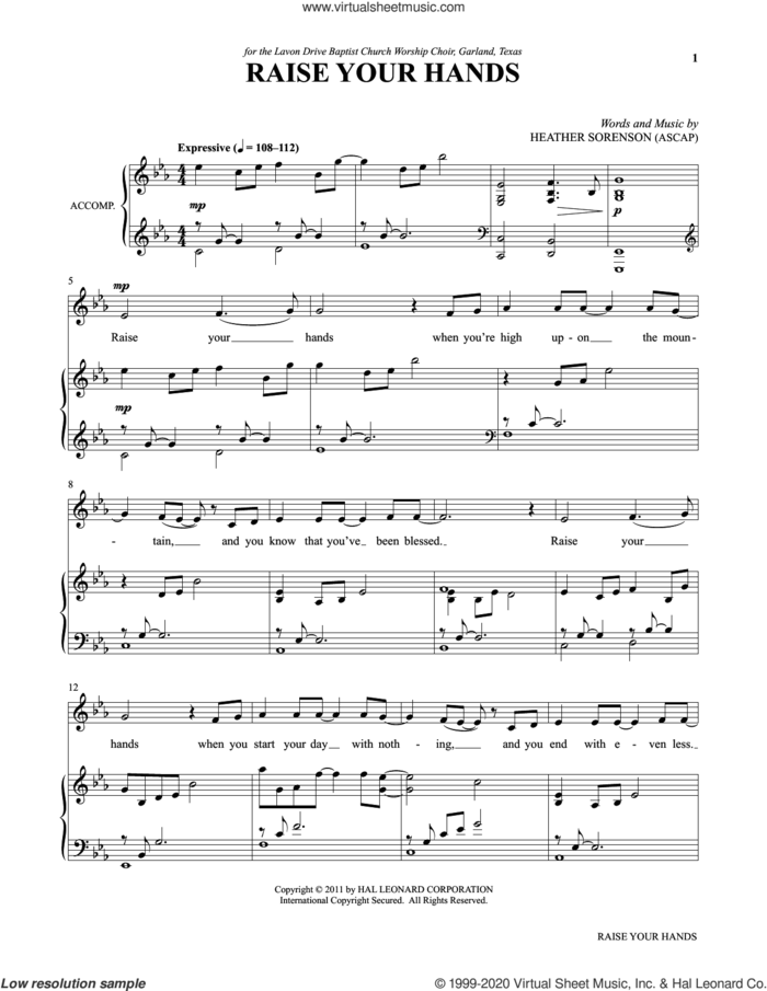 Raise Your Hands (from My Alleluia: Vocal Solos for Worship) sheet music for voice and piano by Heather Sorenson, intermediate skill level
