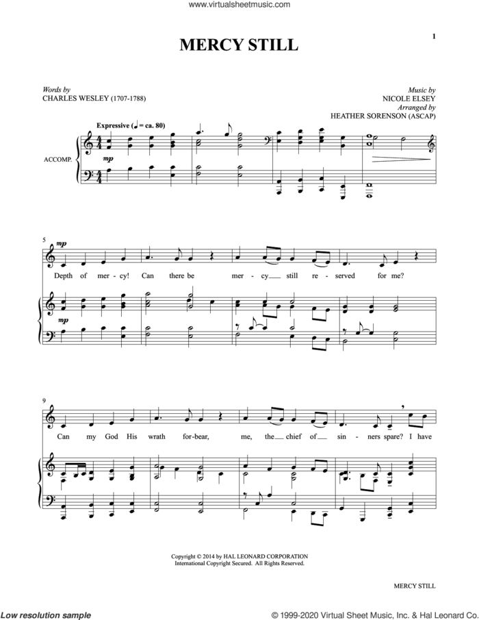 Mercy Still (from My Alleluia: Vocal Solos for Worship) sheet music for voice and piano by Charles Wesley, Heather Sorenson and Nicole Elsey, intermediate skill level