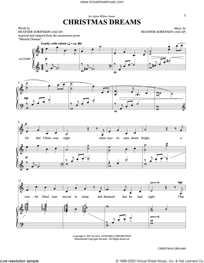 Christmas Dreams (from My Alleluia: Vocal Solos for Worship) sheet music for voice and piano by Heather Sorenson and Anonymous, intermediate skill level