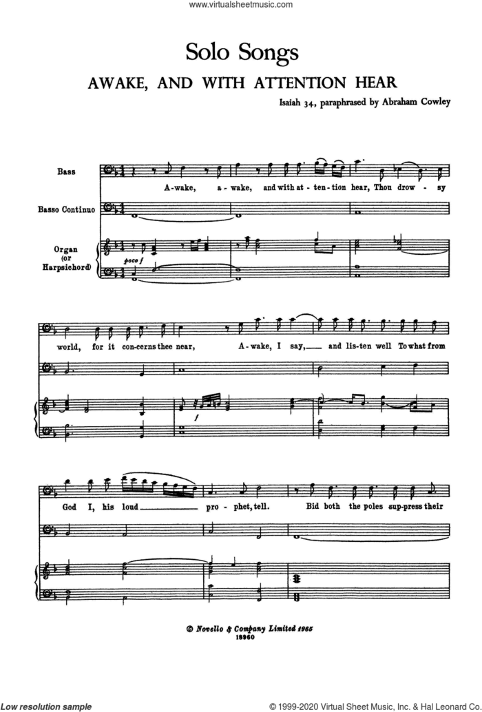 Awake, and with Attention Hear (for Voice, Bass Continuo and Harpsichord) sheet music for voice and piano by Henry Purcell, Abraham Cowley and Isaish 34, classical score, intermediate skill level