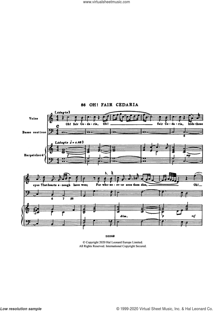 Oh! Fair Cedaria (for Voice, Bass Continuo and Harpsichord) sheet music for voice and piano by Henry Purcell, classical score, intermediate skill level