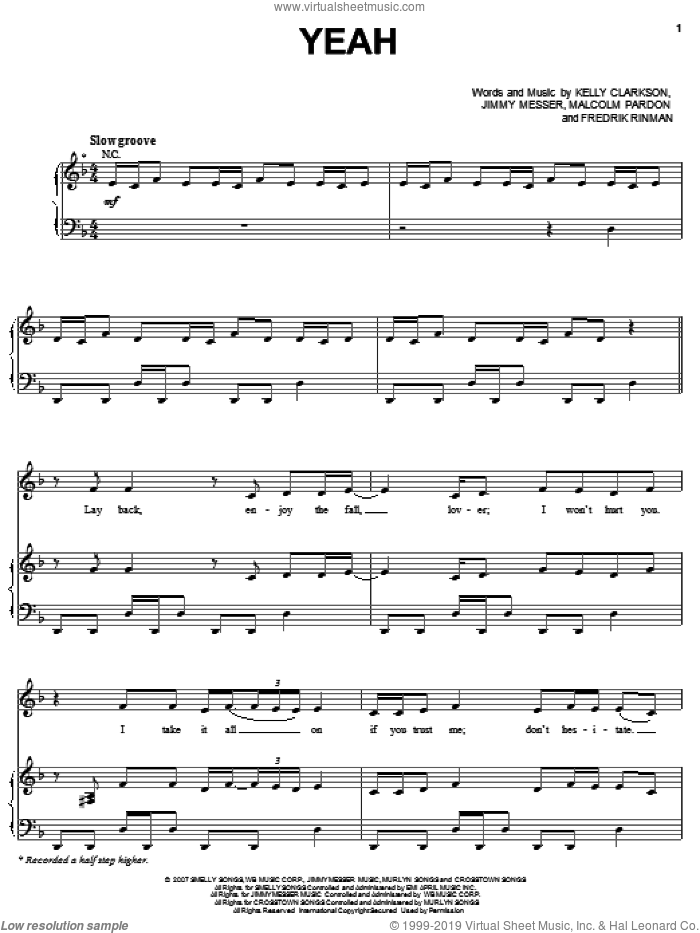 Yeah sheet music for voice, piano or guitar by Kelly Clarkson, Fredrik Rinman, Jimmy Messer and Malcolm Pardon, intermediate skill level
