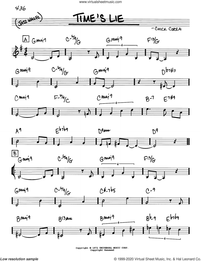 Time's Lie sheet music for voice and other instruments (real book) by Chick Corea, intermediate skill level