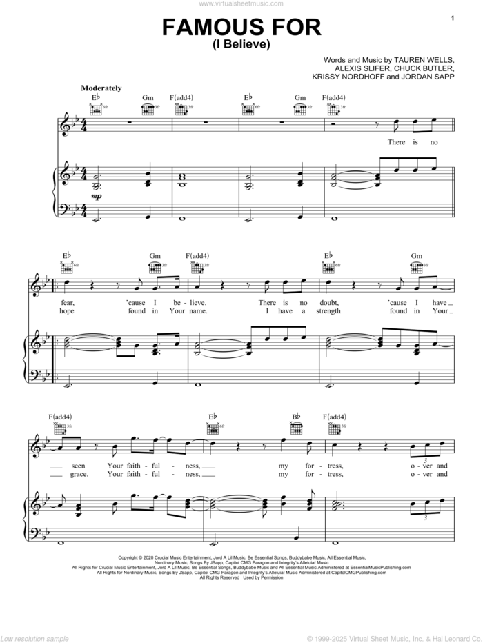 Famous For (I Believe) (feat. Jenn Johnson) sheet music for voice, piano or guitar by Tauren Wells, Alexis Slifer, Chuck Butler, Jordan Sapp and Krissy Nordhoff, intermediate skill level