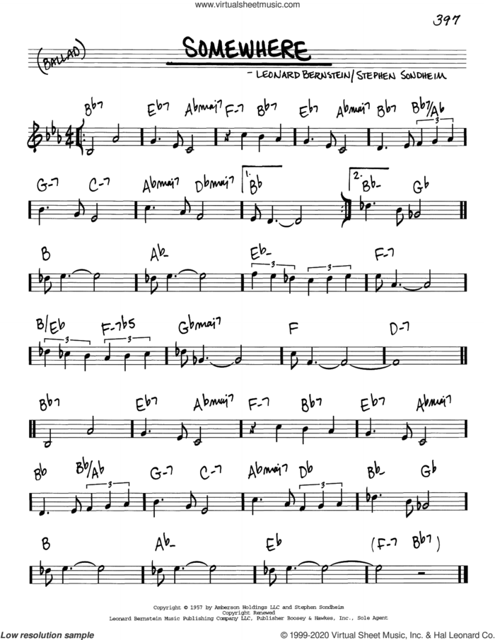Somewhere (from West Side Story) sheet music for voice and other instruments (real book) by Stephen Sondheim and Leonard Bernstein, intermediate skill level