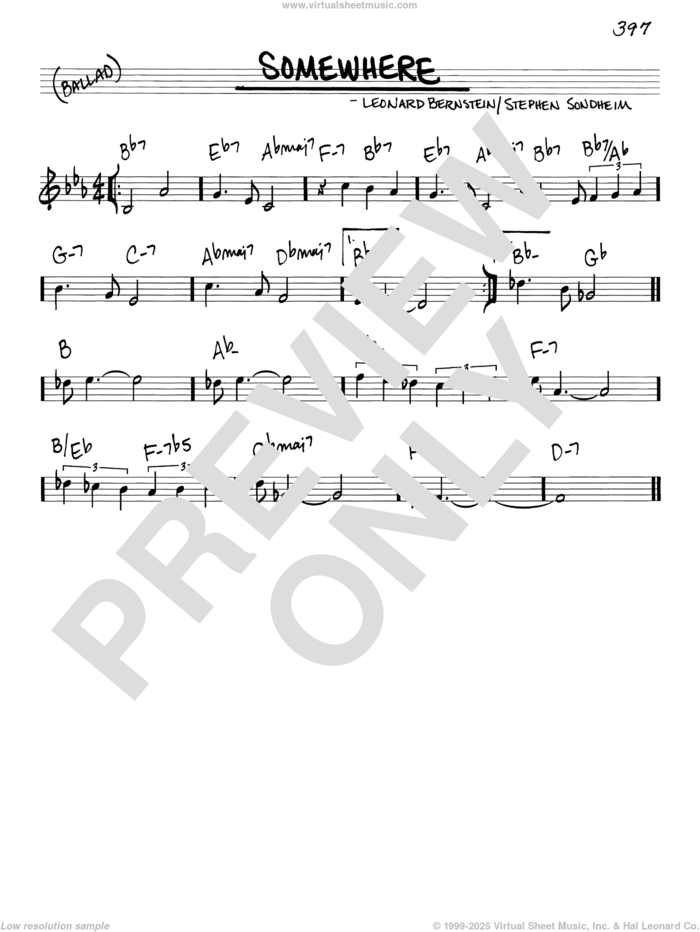 Somewhere (from West Side Story) sheet music for voice and other instruments (real book) by Stephen Sondheim and Leonard Bernstein, intermediate skill level