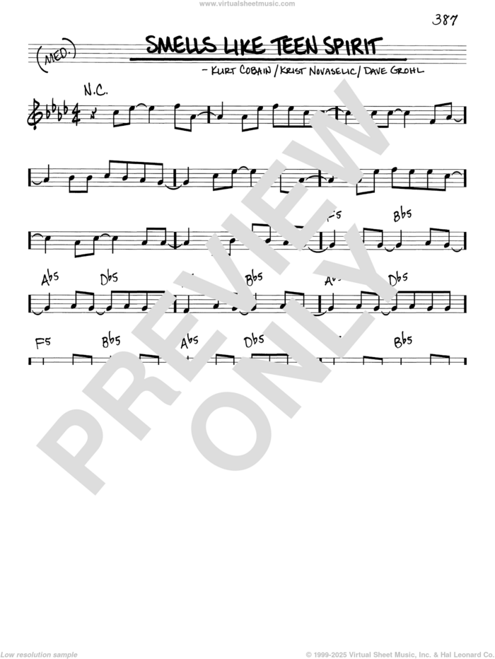 Smells Like Teen Spirit sheet music for voice and other instruments (real book) by Nirvana, Dave Grohl, Krist Novoselic and Kurt Cobain, intermediate skill level