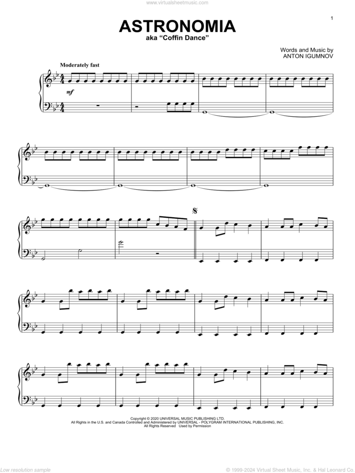 Astronomia sheet music for piano solo by Vicetone & Tony Igy and Anton Igumnov, intermediate skill level