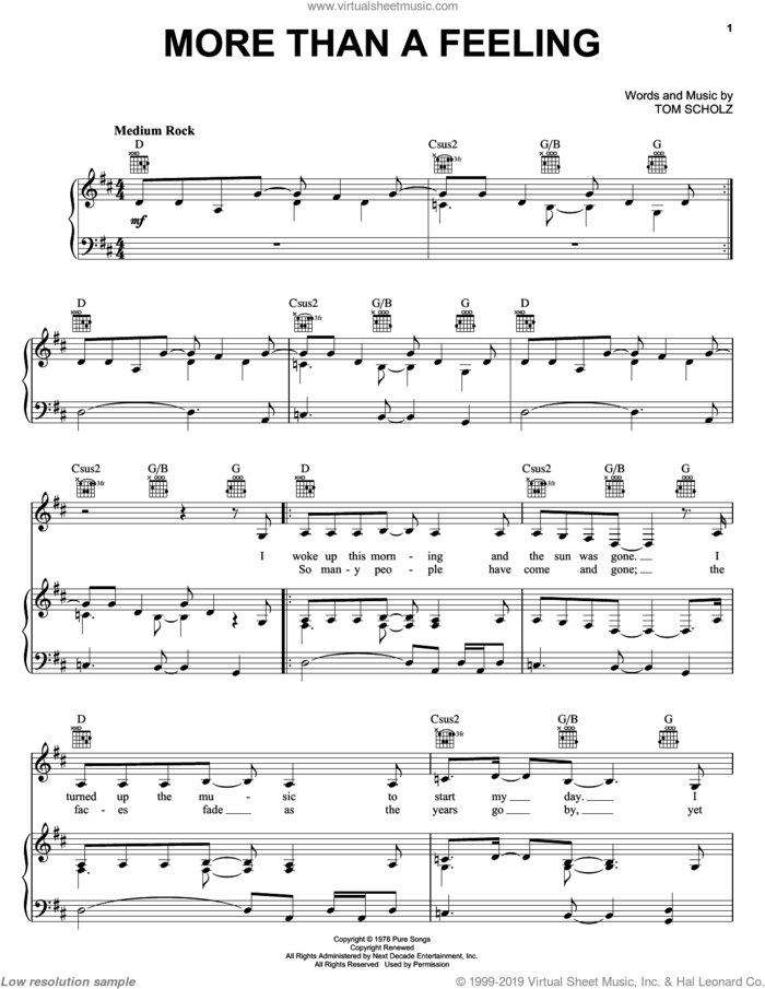 More Than A Feeling sheet music for voice, piano or guitar by Boston and Tom Scholz, intermediate skill level