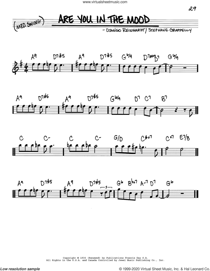Are You In The Mood sheet music for voice and other instruments (real book) by Django Reinhardt and Stephane Grappelli, classical score, intermediate skill level