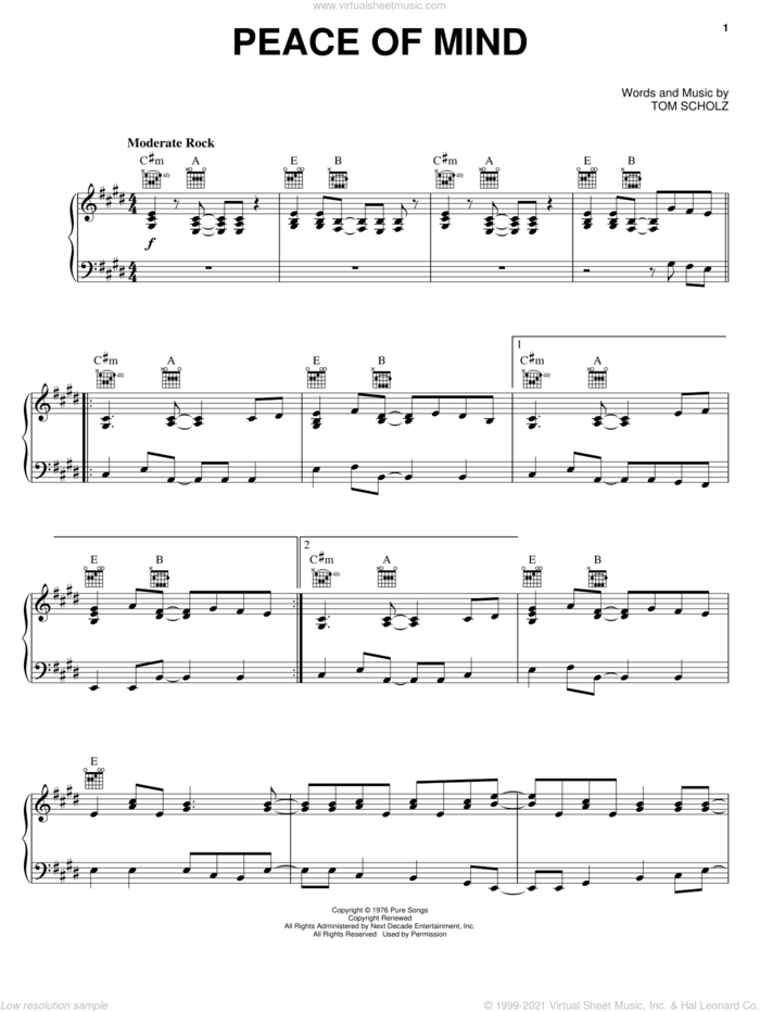 Peace Of Mind sheet music for voice, piano or guitar by Boston and Tom Scholz, intermediate skill level