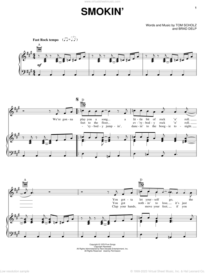 Smokin' sheet music for voice, piano or guitar by Boston, Brad Delp and Tom Scholz, intermediate skill level