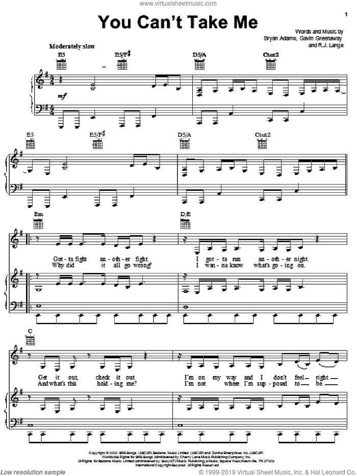 You Can't Take Me sheet music for voice, piano or guitar by Bryan Adams, Spirit: Stallion Of The Cimarron (Movie), Gavin Greenaway and Robert John Lange, intermediate skill level
