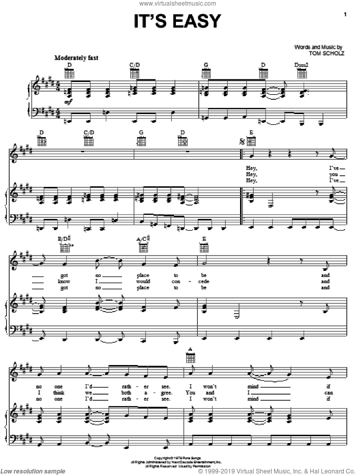 It's Easy sheet music for voice, piano or guitar by Boston and Tom Scholz, intermediate skill level
