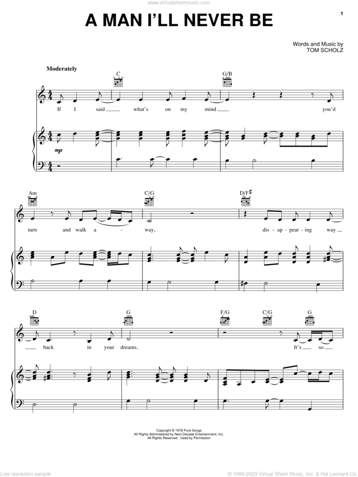 A Man I'll Never Be sheet music for voice, piano or guitar by Boston and Tom Scholz, intermediate skill level