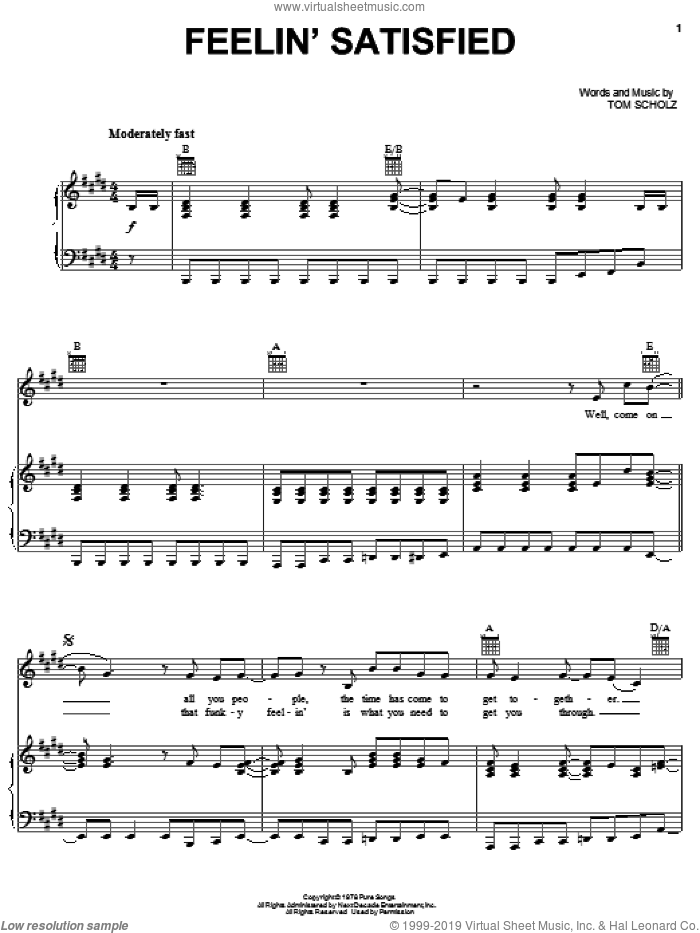 Feelin' Satisfied sheet music for voice, piano or guitar by Boston and Tom Scholz, intermediate skill level