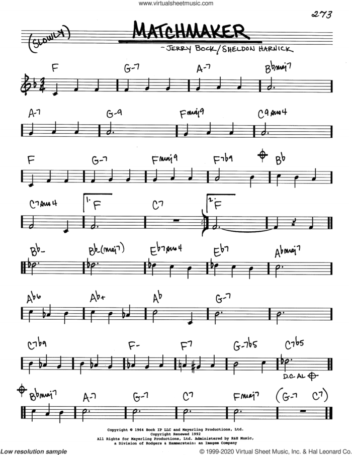 Matchmaker (from Fiddler On The Roof) sheet music for voice and other instruments (real book) by Jerry Bock, Bock & Harnick and Sheldon Harnick, intermediate skill level