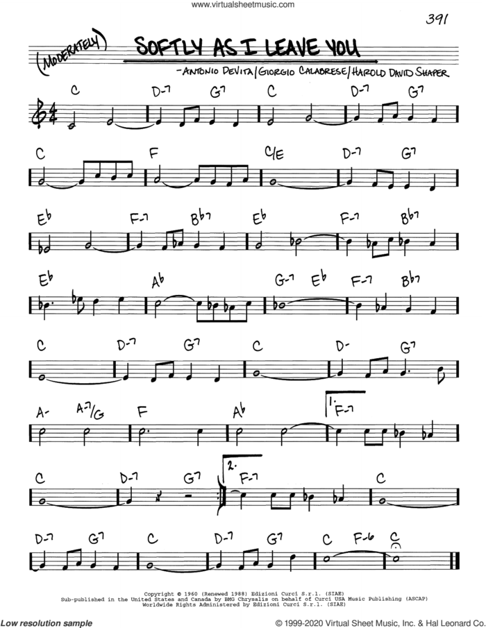 Softly As I Leave You sheet music for voice and other instruments (real book) by Elvis Presley, Frank Sinatra, Antonio DeVita, Giorgio Calabrese and Harold David Shaper, intermediate skill level