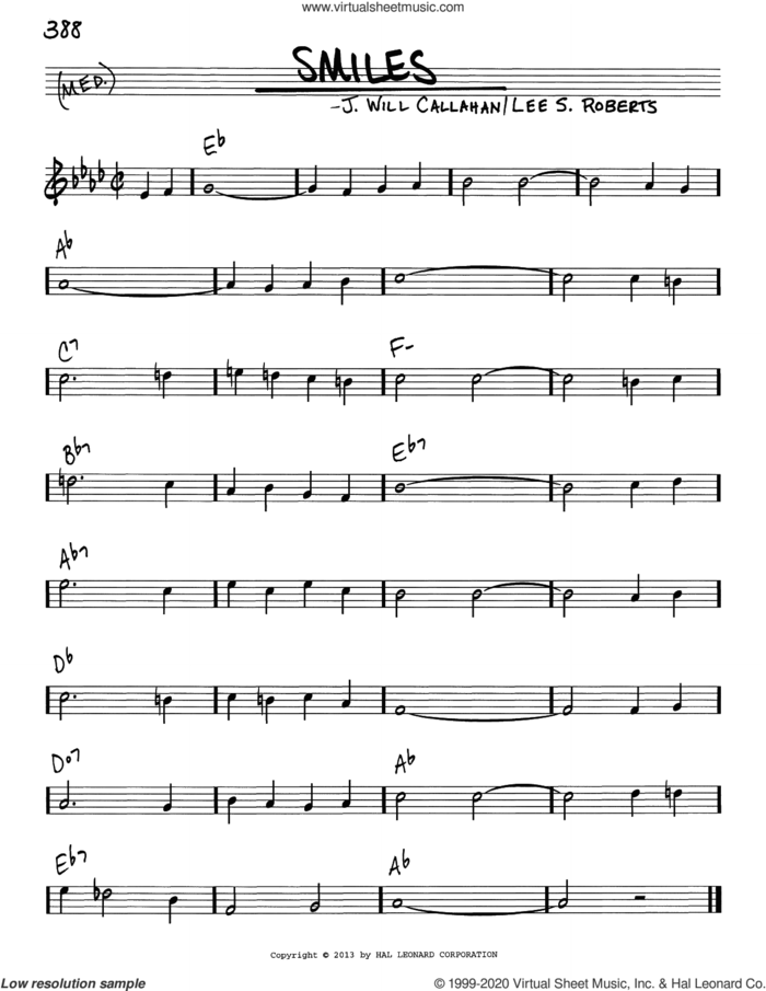 Smiles sheet music for voice and other instruments (real book) by Lee S. Roberts and J. Will Callahan, intermediate skill level