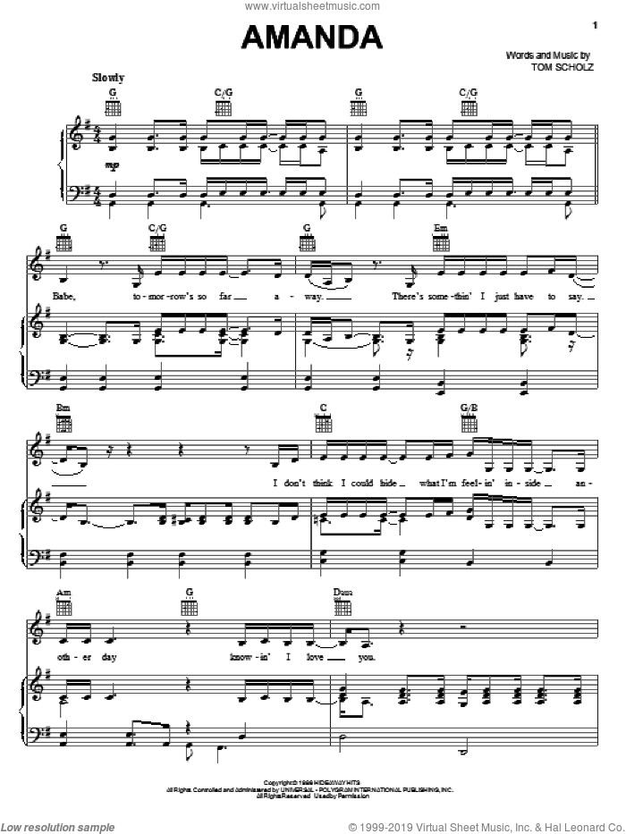 Amanda sheet music for voice, piano or guitar by Boston and Tom Scholz, intermediate skill level