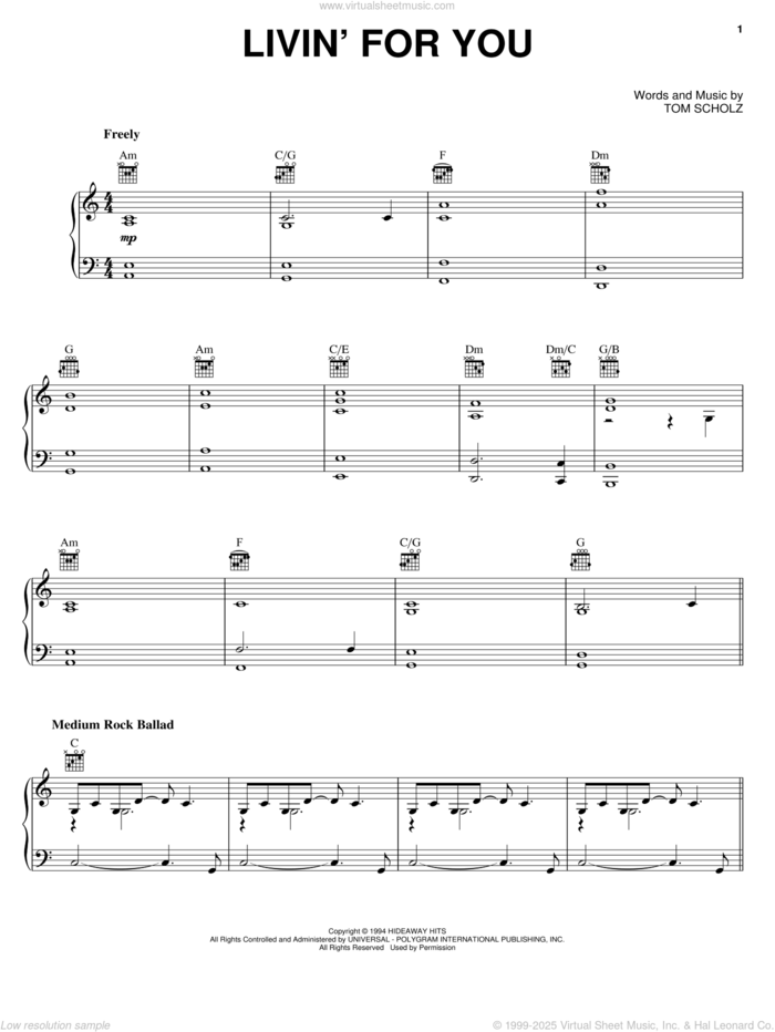 Livin' For You sheet music for voice, piano or guitar by Boston and Tom Scholz, intermediate skill level