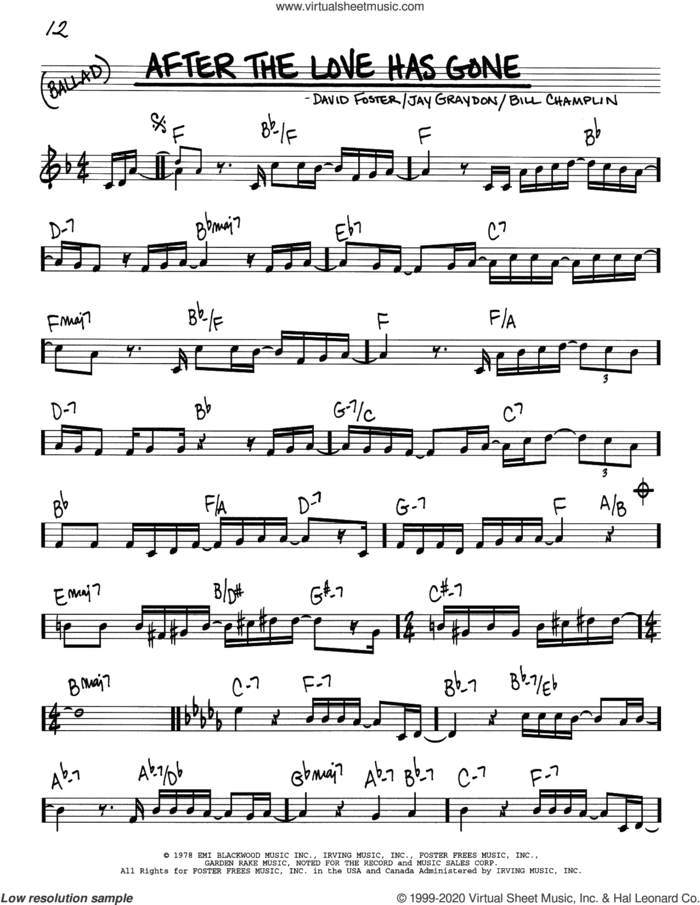 After The Love Has Gone sheet music for voice and other instruments (real book) by Earth, Wind & Fire, Bill Champlin, David Foster and Jay Graydon, intermediate skill level