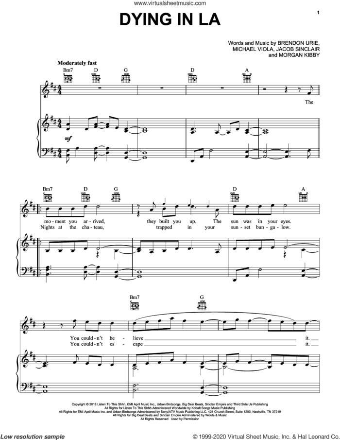 Dying In LA sheet music for voice, piano or guitar by Panic! At The Disco, Brendon Urie, Jacob Sinclair, Michael Viola and Morgan Kibby, intermediate skill level
