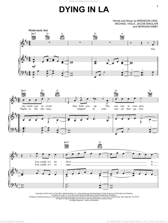 Dying In LA sheet music for voice, piano or guitar by Panic! At The Disco, Brendon Urie, Jacob Sinclair, Michael Viola and Morgan Kibby, intermediate skill level