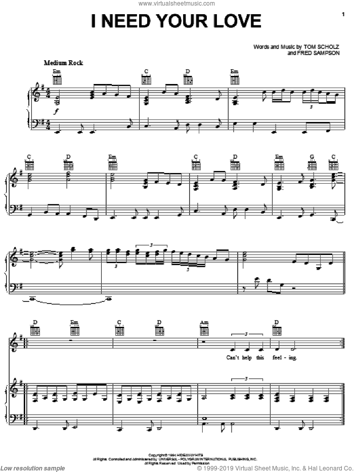 I Need Your Love sheet music for voice, piano or guitar by Boston, Fred Sampson and Tom Scholz, intermediate skill level
