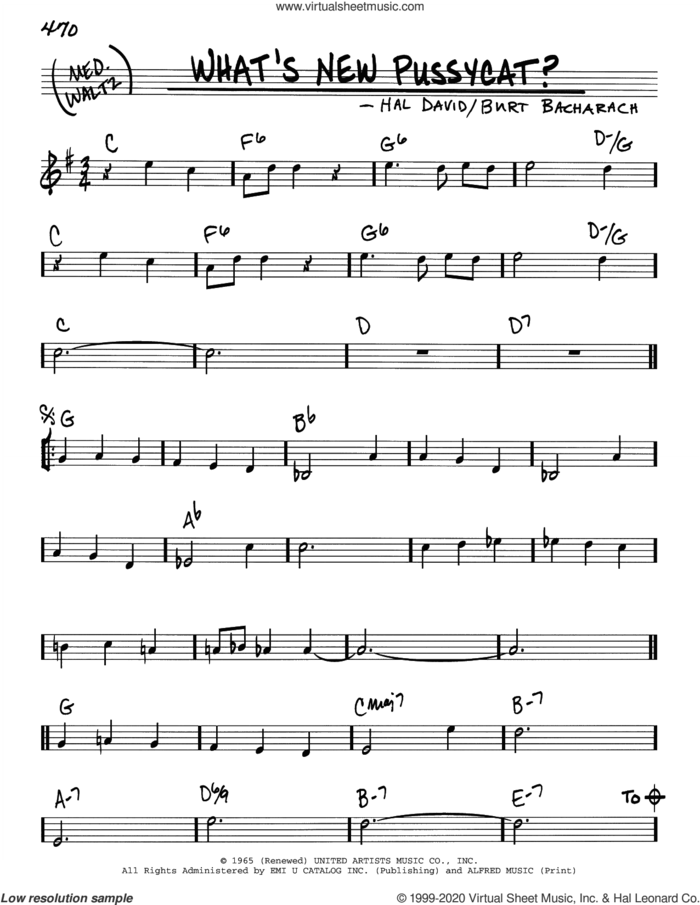 What's New Pussycat? sheet music for voice and other instruments (real book) by Burt Bacharach, Bacharach & David and Hal David, intermediate skill level