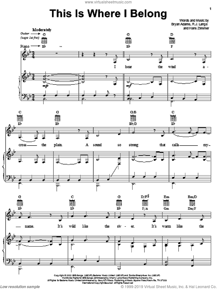 This Is Where I Belong sheet music for voice, piano or guitar by Bryan Adams, Spirit: Stallion Of The Cimarron (Movie), Hans Zimmer and Robert John Lange, intermediate skill level