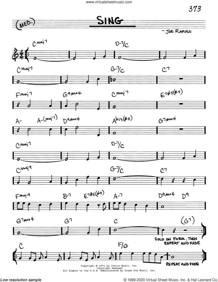 Sing sheet music for voice and other instruments (real book) by Joe Raposo and Carpenters, intermediate skill level