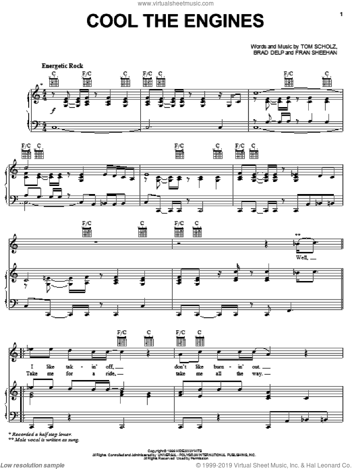Cool The Engines sheet music for voice, piano or guitar by Boston, Brad Delp, Fran Sheehan and Tom Scholz, intermediate skill level