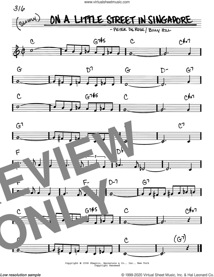 On A Little Street In Singapore sheet music for voice and other instruments (real book) by Billy Hill and Peter DeRose, intermediate skill level