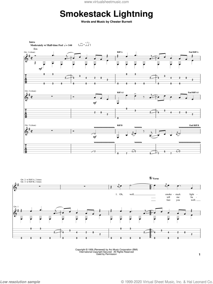 Smokestack Lightning sheet music for guitar (tablature) by Howlin' Wolf, Eric Clapton and Chester Burnett, intermediate skill level