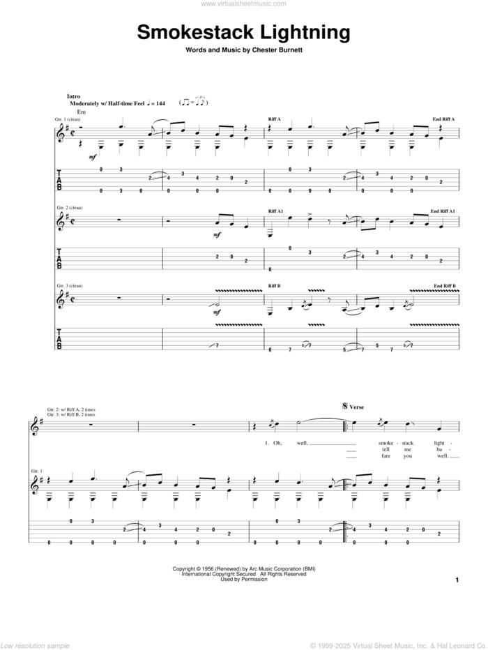 Smokestack Lightning sheet music for guitar (tablature) by Howlin' Wolf, Eric Clapton and Chester Burnett, intermediate skill level