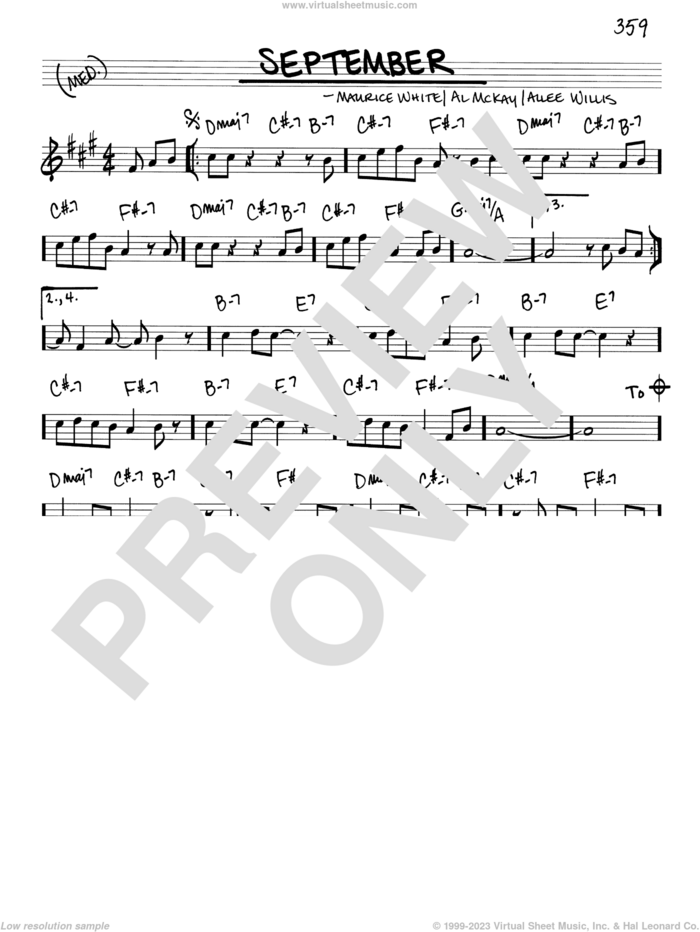 September sheet music for voice and other instruments (real book) by Earth, Wind & Fire, Al McKay, Allee Willis and Maurice White, intermediate skill level