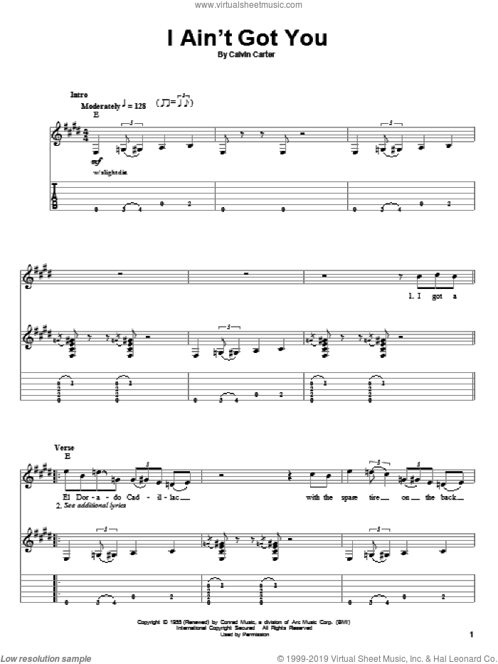 I Ain't Got You sheet music for guitar (tablature, play-along) by The Yardbirds, Eric Clapton and Calvin Carter, intermediate skill level