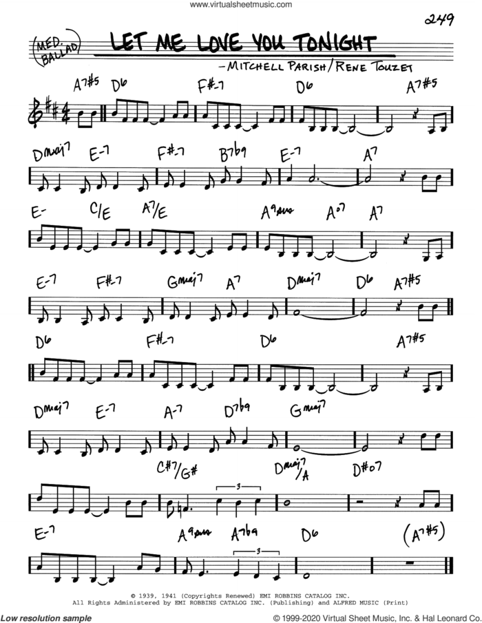 Let Me Love You Tonight sheet music for voice and other instruments (real book) by Mitchell Parish and Rene Touzet, intermediate skill level