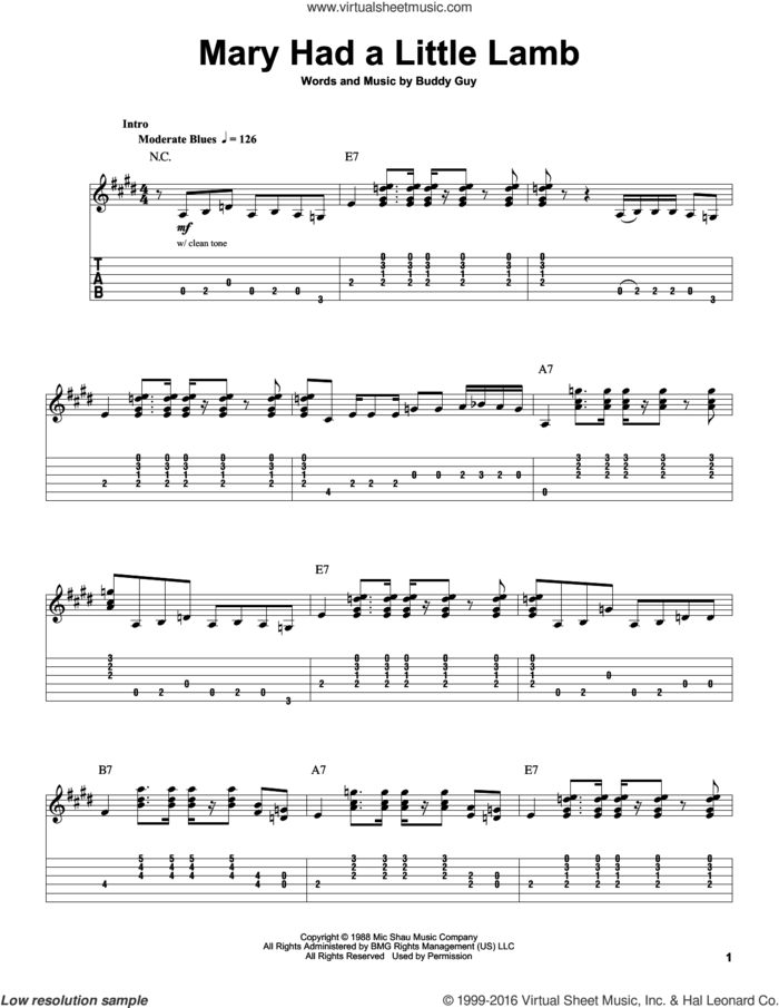 Mary Had A Little Lamb sheet music for guitar (tablature, play-along) by Buddy Guy, intermediate skill level