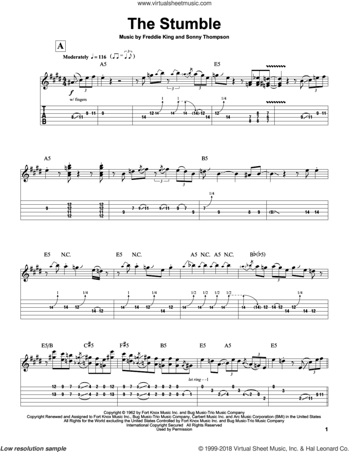 The Stumble sheet music for guitar (tablature, play-along) by Freddie King and Sonny Thompson, intermediate skill level