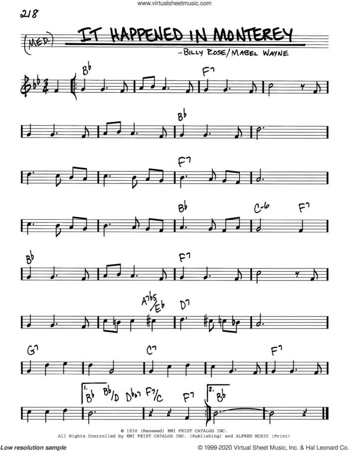 It Happened In Monterey sheet music for voice and other instruments (real book) by Billy Rose and Mabel Wayne, intermediate skill level