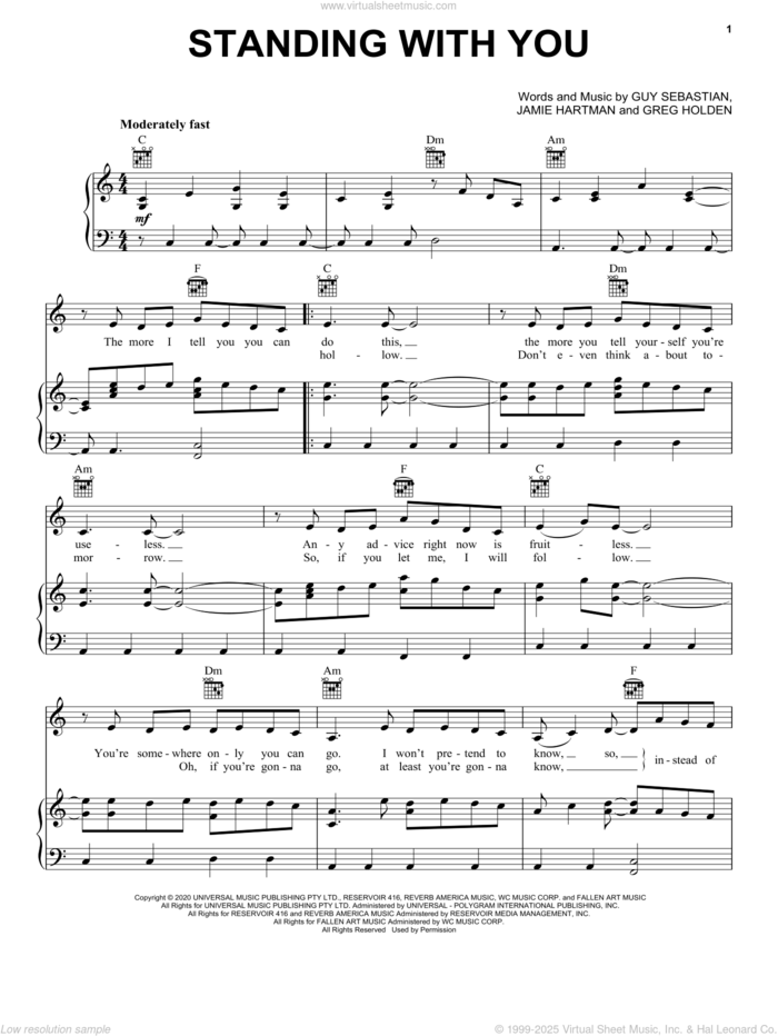 Standing With You sheet music for voice, piano or guitar by Guy Sebastian, Greg Holden and Jamie Hartman, intermediate skill level