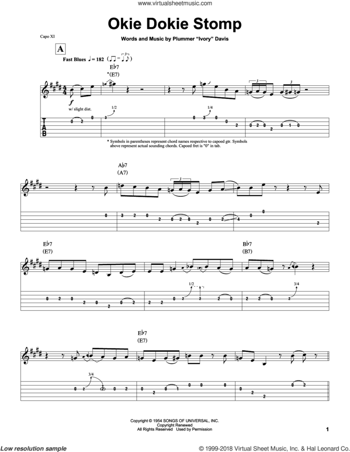 Okie Dokie Stomp sheet music for guitar (tablature, play-along) by Clarence 'Gatemouth' Brown, Gatemouth Brown and Plummer 'Ivory' Davis, intermediate skill level