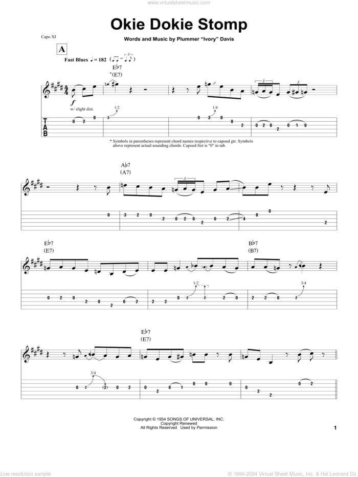 Okie Dokie Stomp sheet music for guitar (tablature, play-along) by Clarence 'Gatemouth' Brown, Gatemouth Brown and Plummer 'Ivory' Davis, intermediate skill level